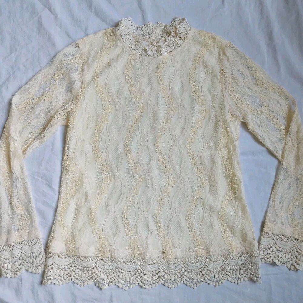 Mystree Ivory Long Sleeve Blouse Crochet Lace Floral Fairy Women’s Size S - Picture 2 of 11